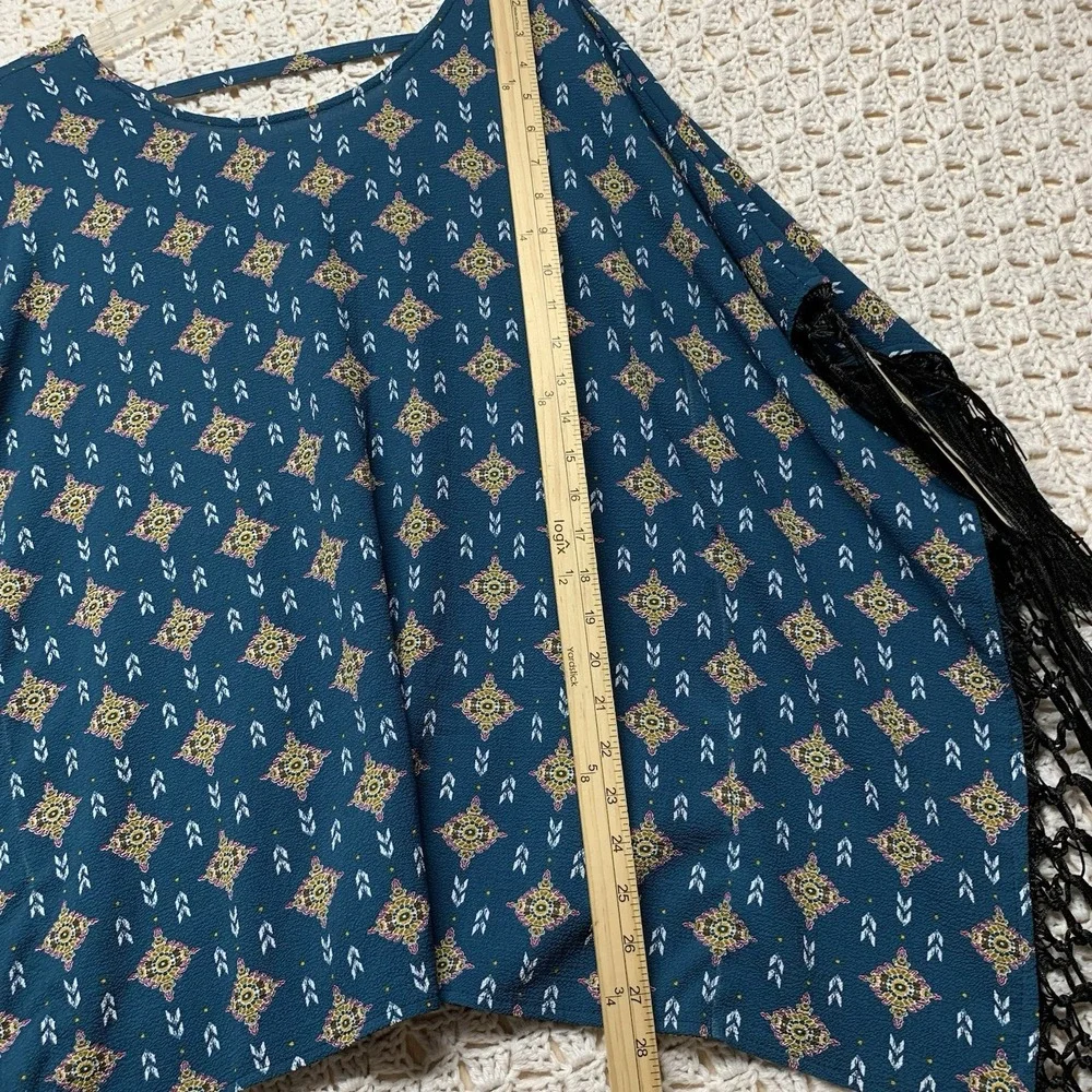 Wrangler Top Women Sz S Kimono Poncho Shawl With Fringe Blue Aztec Print Western - Picture 4 of 7